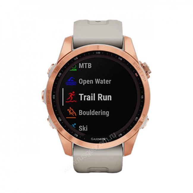 Часы Garmin Fenix 7S Solar цвета розовое золото с песочным силиконовым ремешком